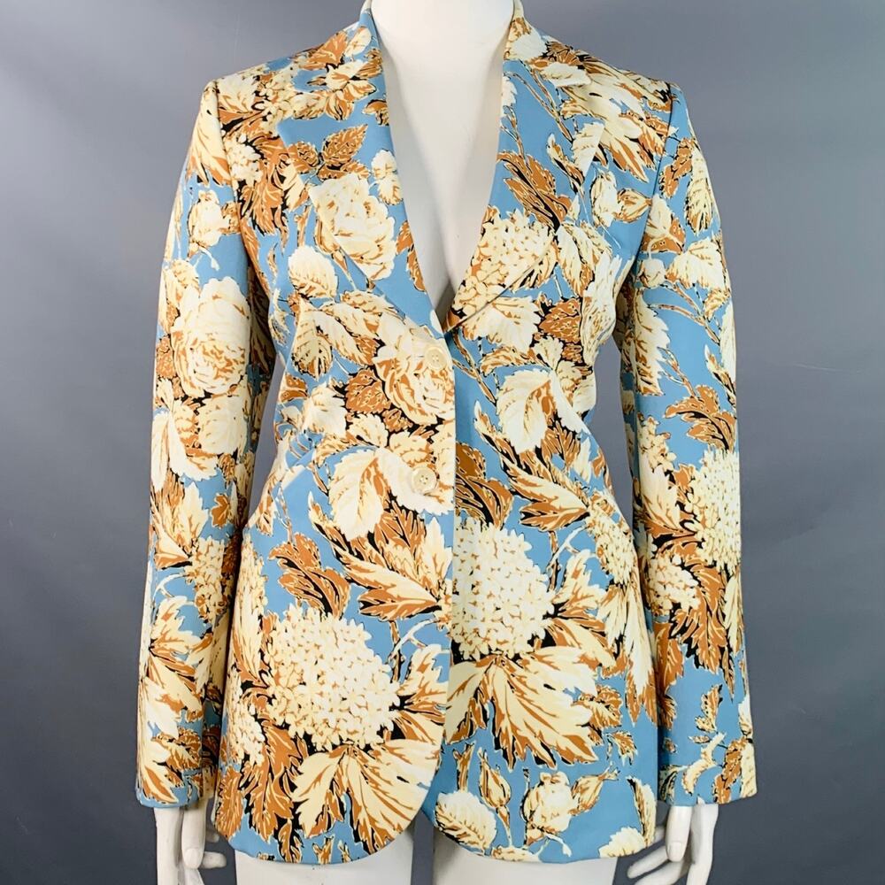 STINE GOYA Blue Tan Polyester Blend Floral Notch Lapel Zip Pockets Jacket Blazer